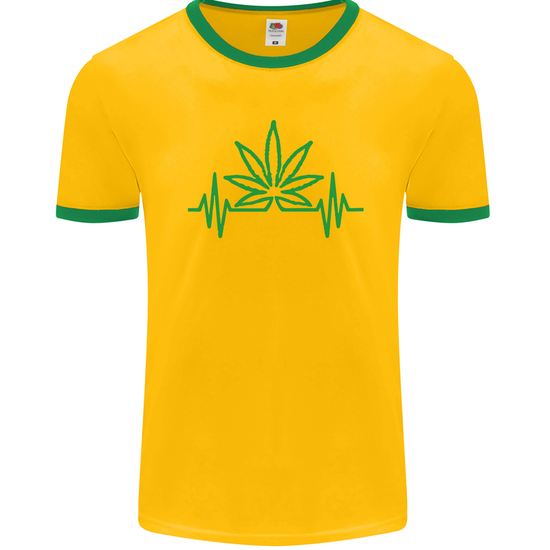 Weed Pulse Heart Cannabis Drugs ECG Mens Ringer T-Shirt FotL Gold/Green