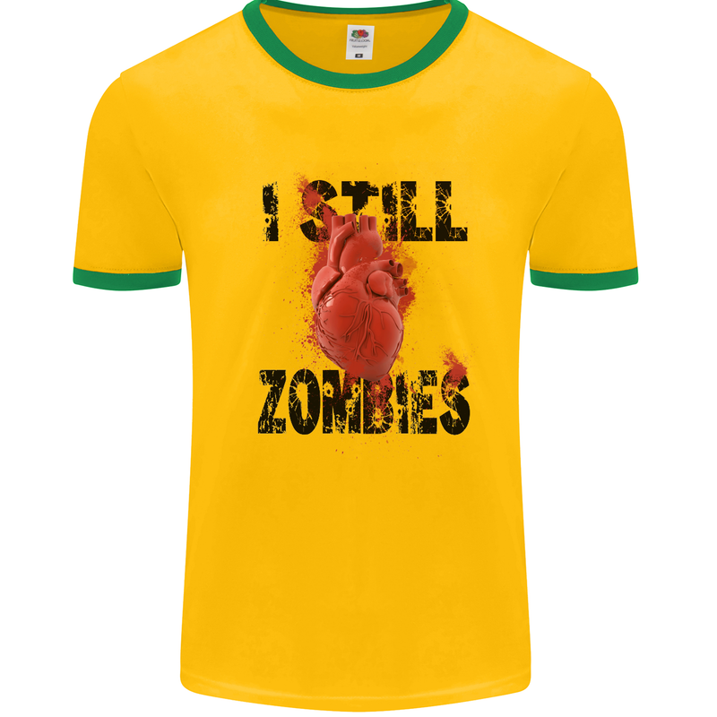 I Still Heart Zombies Apocalypse Mens White Ringer T-Shirt Gold/Green