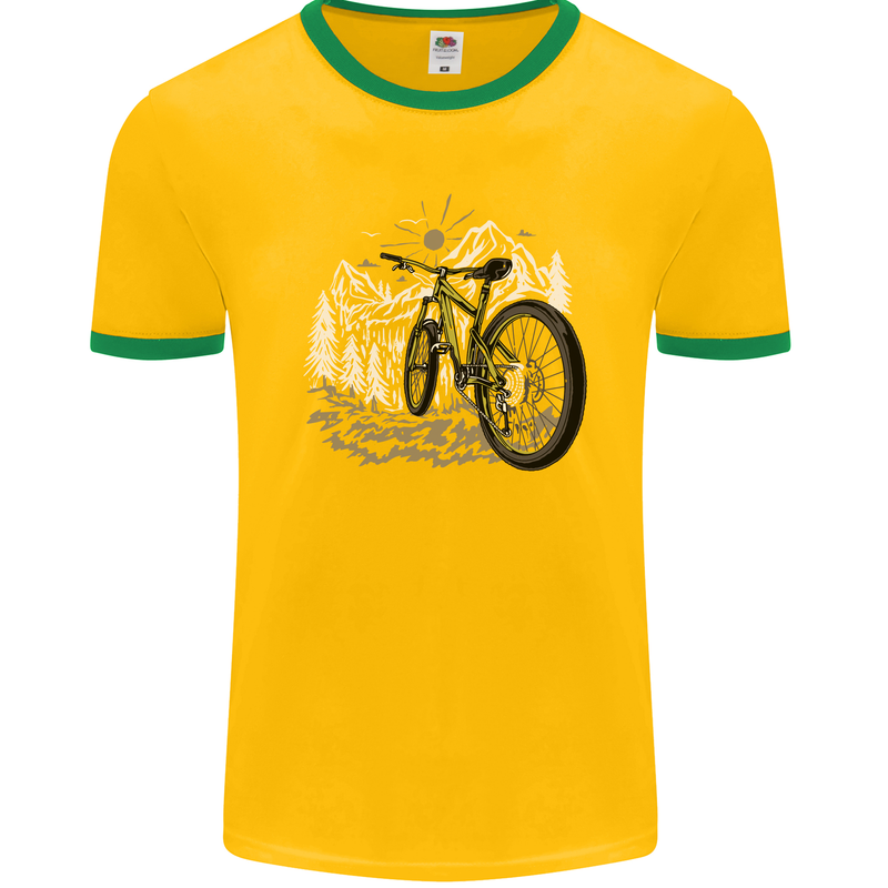 Mountain Bike Bicycle Cycling Cyclist MTB Mens Ringer T-Shirt FotL Gold/Green