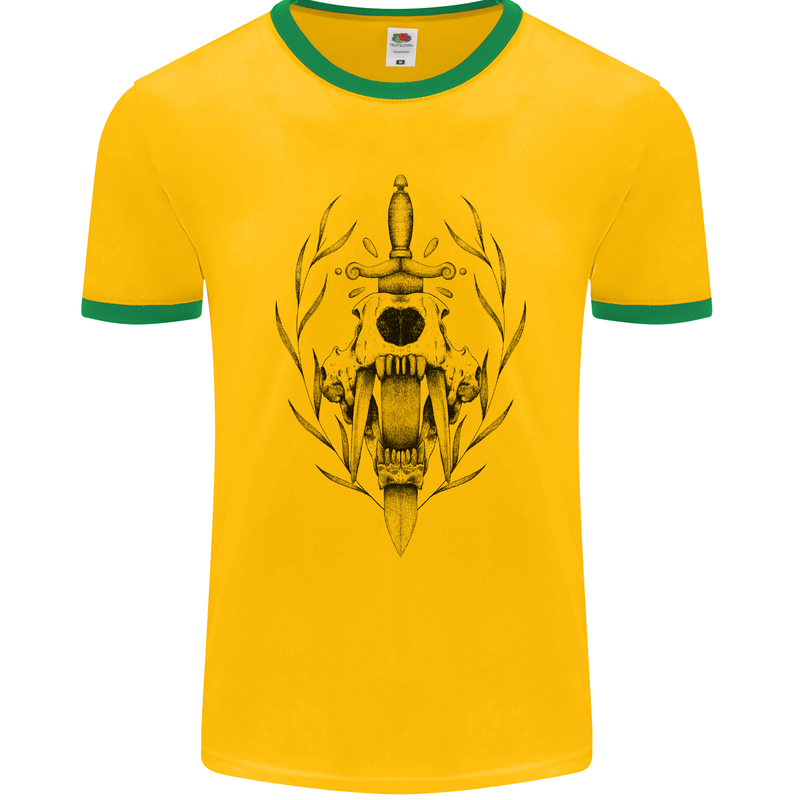 Sabre Tooth Tiger Skull Sword Mens Ringer T-Shirt FotL Gold/Green