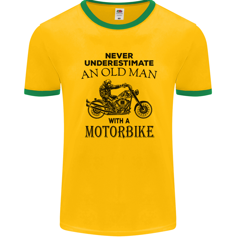 Old Man Motorbike Biker Motorcycle Funny Mens Ringer T-Shirt FotL Gold/Green