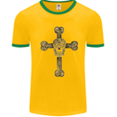 Day of the Dead Sugar Skull Cross Mens White Ringer T-Shirt Gold/Green