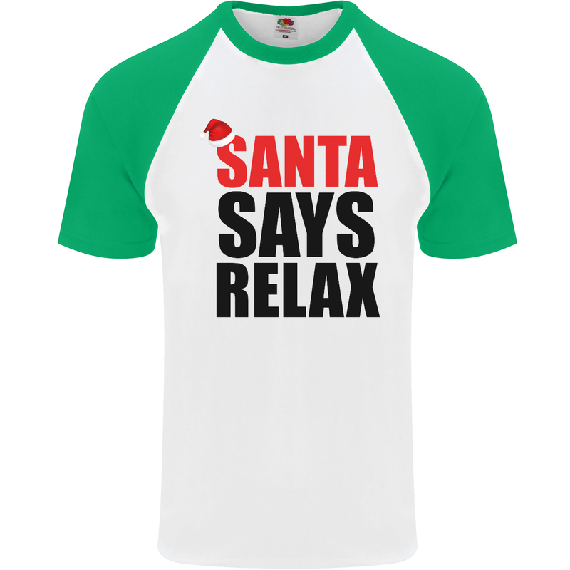 Christmas Santa Says Relax Funny Xmas Mens S/S Baseball T-Shirt White/Green