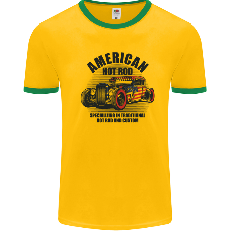 American Hot Rod Hotrod Enthusiast Car Mens White Ringer T-Shirt Gold/Green