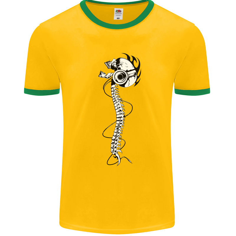 Headphone Wearing Skull Spine Mens White Ringer T-Shirt Gold/Green