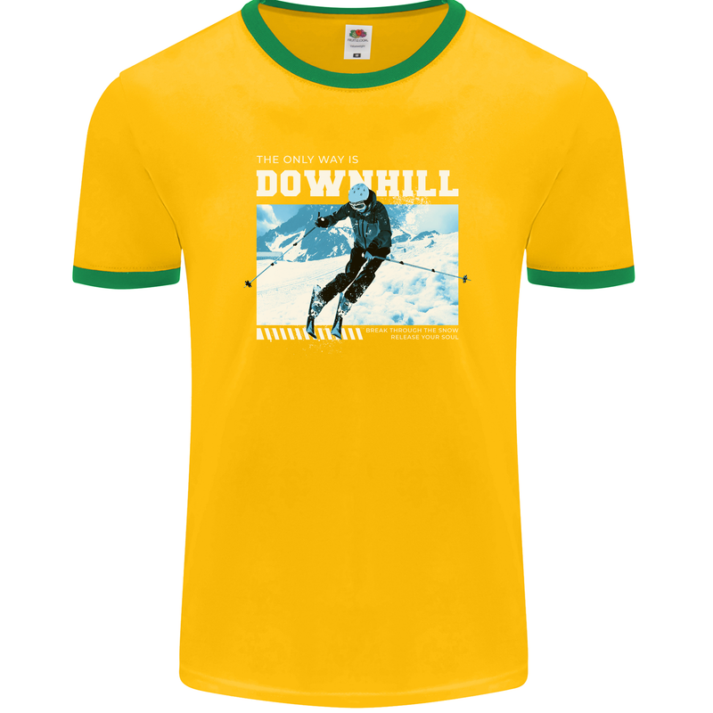 The Only Way is Downhill Skiing Ski Skier Mens Ringer T-Shirt FotL Gold/Green