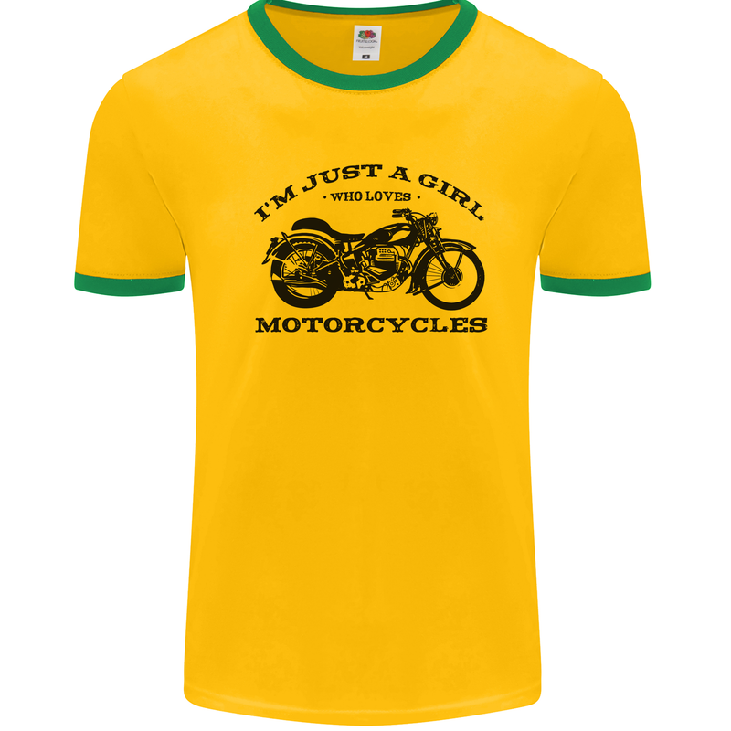 A Girl Who Loves Motorcycles Biker Mens Ringer T-Shirt Gold/Green