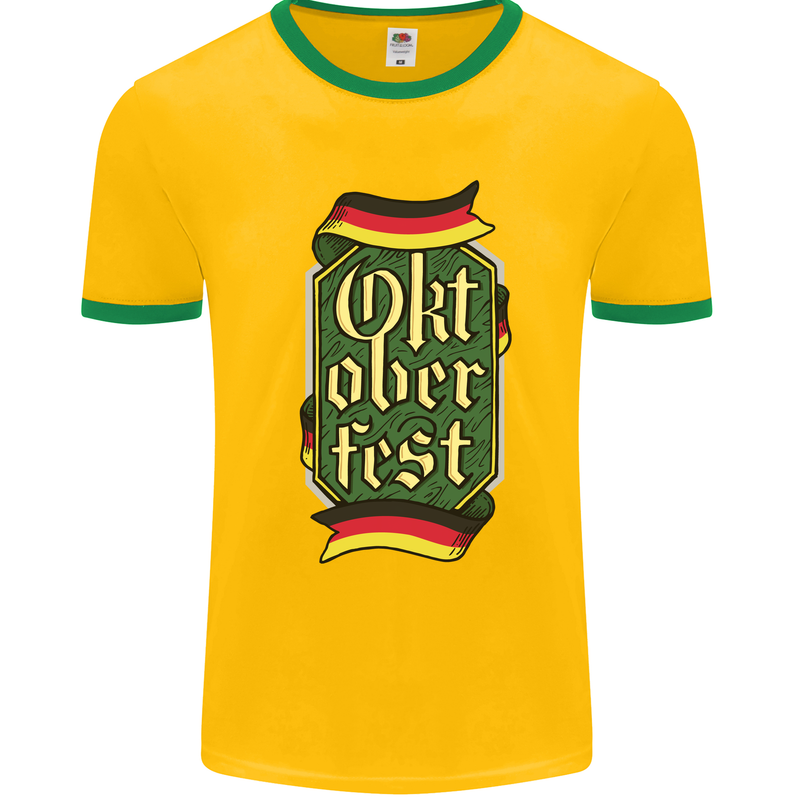 Germany Octoberfest German Beer Alcohol Mens White Ringer T-Shirt Gold/Green