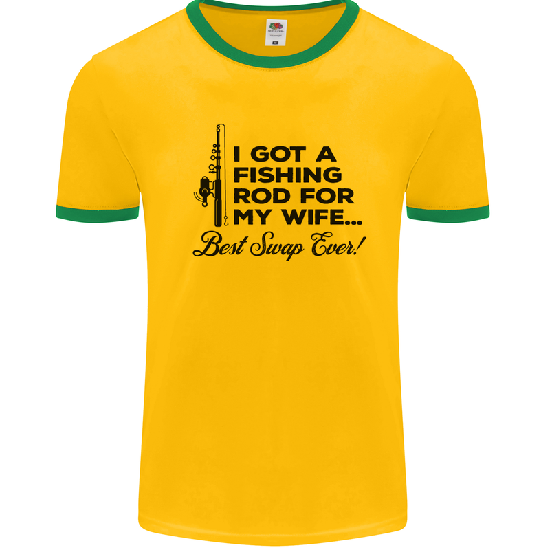 Fishing Rod for My Wife Fisherman Funny Mens White Ringer T-Shirt Gold/Green