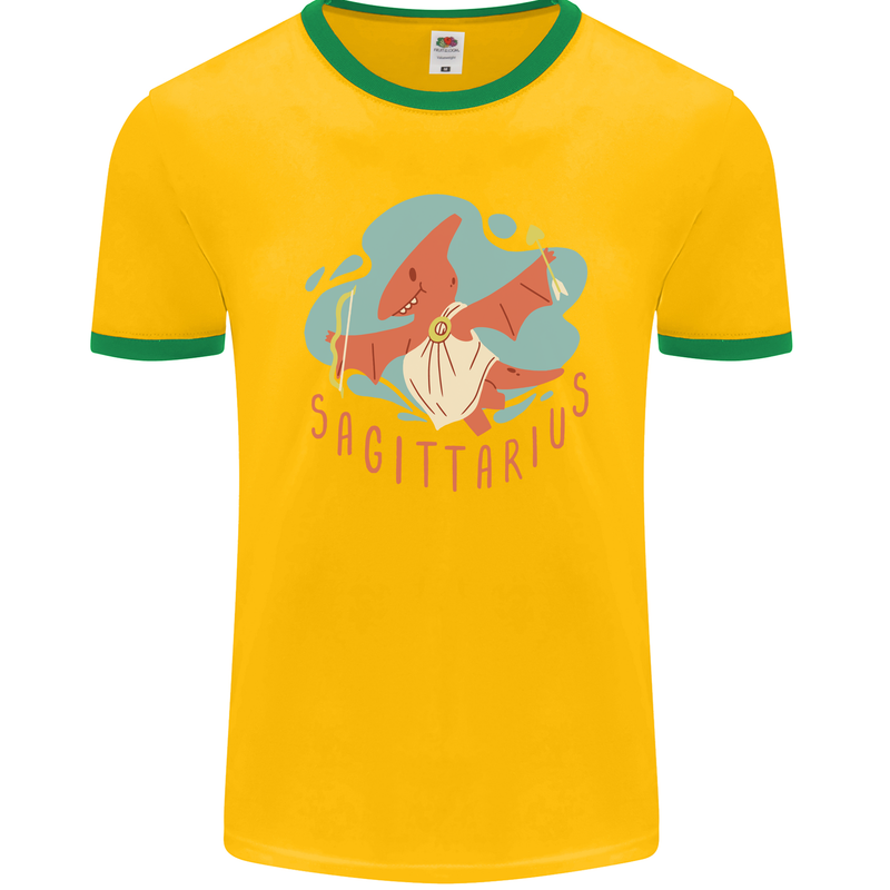 Sagittarius Dinosaur Pterosaurs Star Sign Mens Ringer T-Shirt FotL Gold/Green