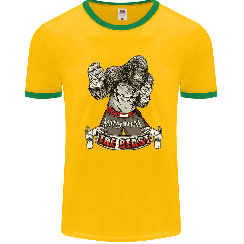 Muay Thai The Beast MMA Mixed Martial Arts Mens White Ringer T-Shirt Gold/Green