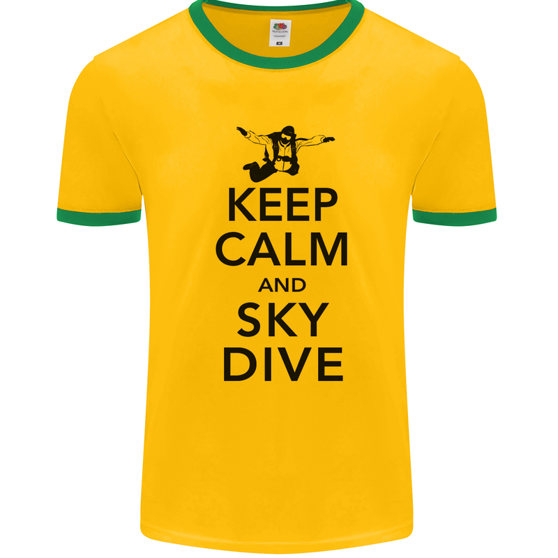 Keep Calm and Skydive Funny Skydiving Mens White Ringer T-Shirt Gold/Green