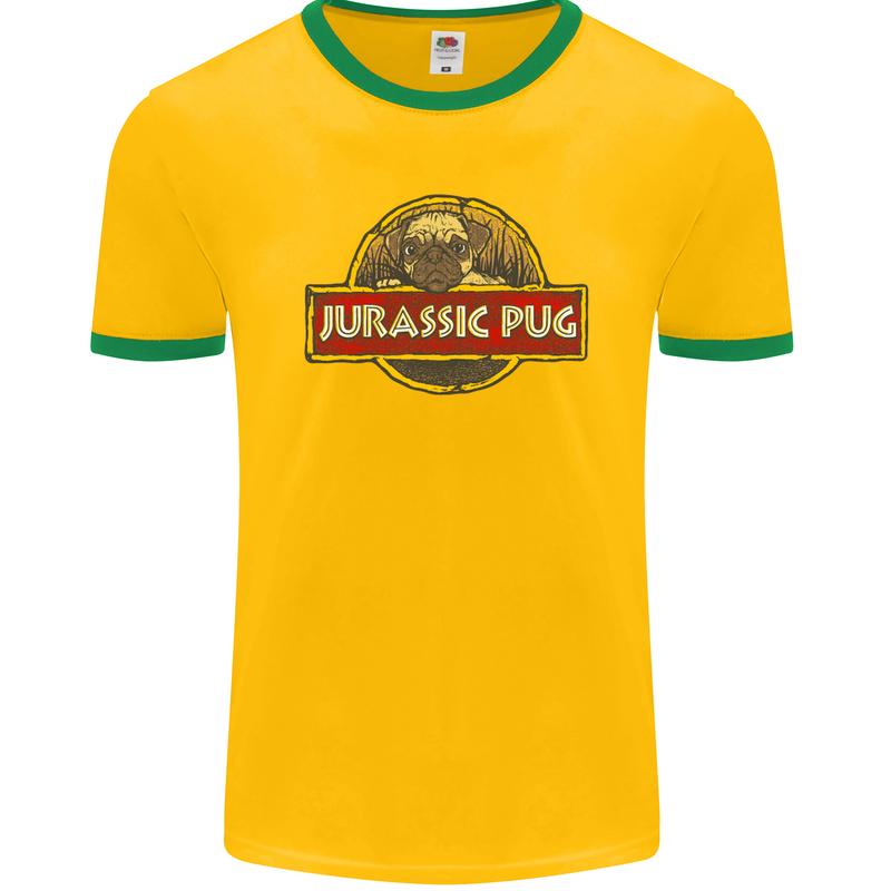 Jurassic Pug Funny Dog Movie Parody Mens Ringer T-Shirt FotL Gold/Green