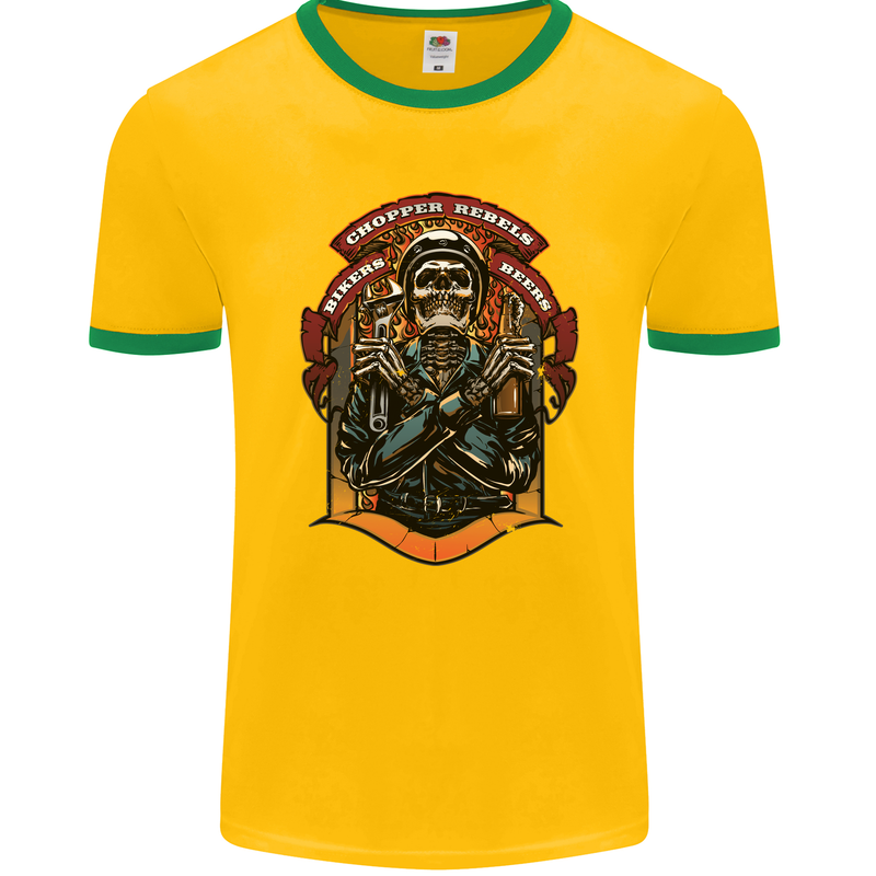 Motorbike Chopper Rebels Bikers Beers Mens Ringer T-Shirt FotL Gold/Green