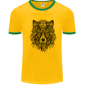 Mandala Tribal Wolf Tattoo Mens White Ringer T-Shirt Gold/Green