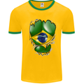 Gym Brazilian Flag Ripped Muscles Brazil Mens White Ringer T-Shirt Gold/Green