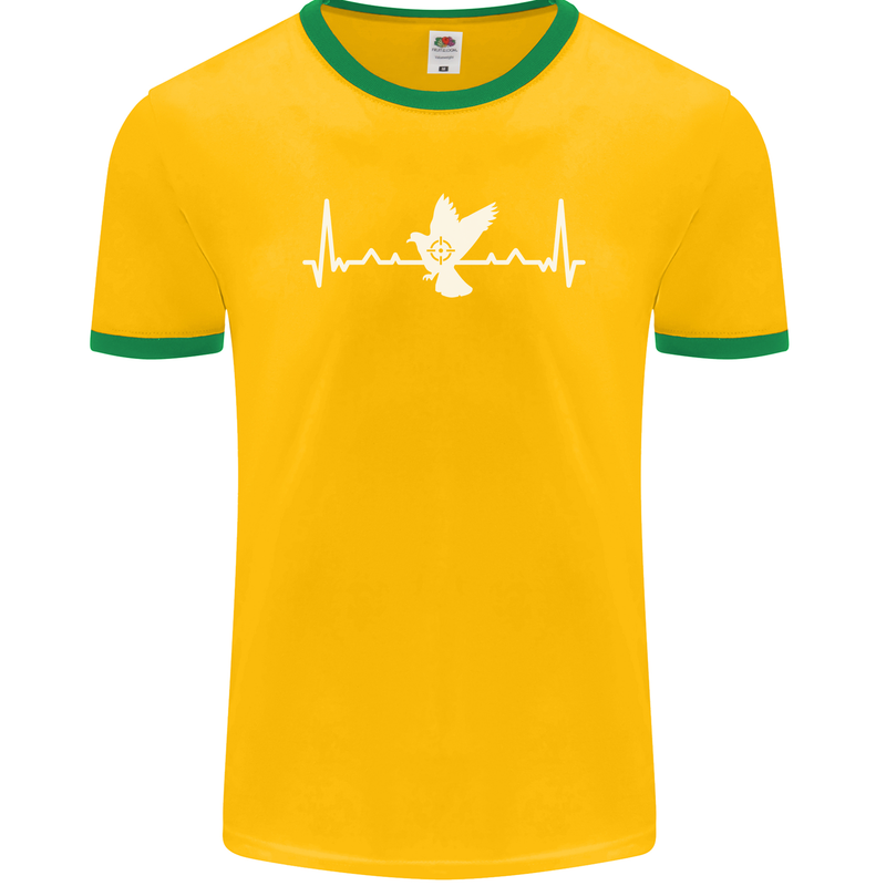 Pigeon Hunting Heart Beat Hunter ECG Mens Ringer T-Shirt FotL Gold/Green