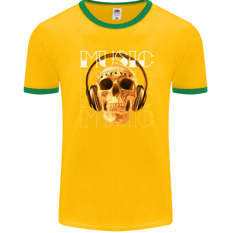 Forever Music Skull Rock Heavy Metal Punk Mens Ringer T-Shirt FotL Gold/Green