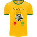 Pablo Escobar El Patron Is Calling Mens White Ringer T-Shirt Gold/Green
