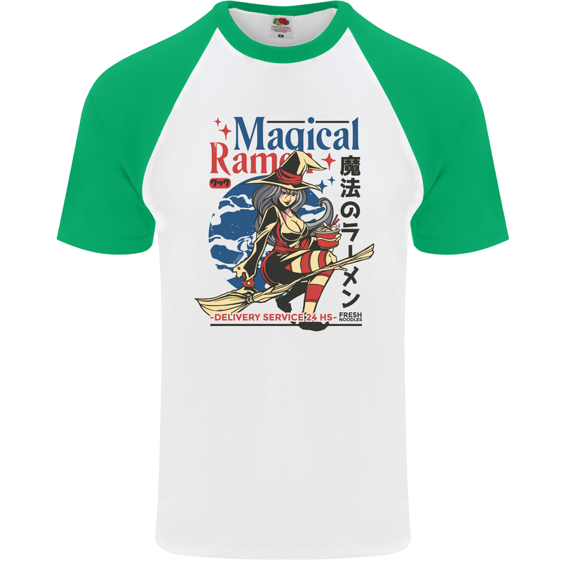 Magical Ramen Noodles Witch Halloween Mens S/S Baseball T-Shirt White/Green