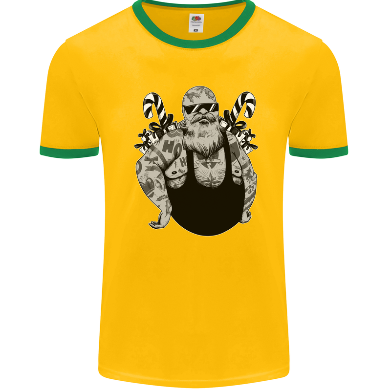 Tattoo Santa Funny Christmas Biker Motorbike Mens Ringer T-Shirt FotL Gold/Green