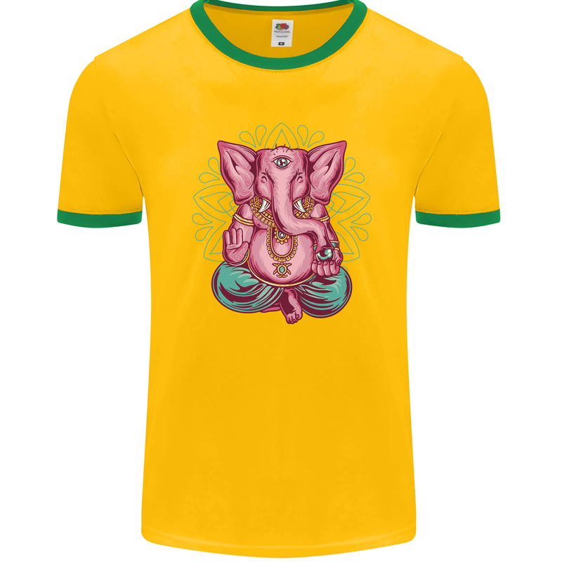 A Meditating Elephant Yoga Spiritual Mens Ringer T-Shirt FotL Gold/Green