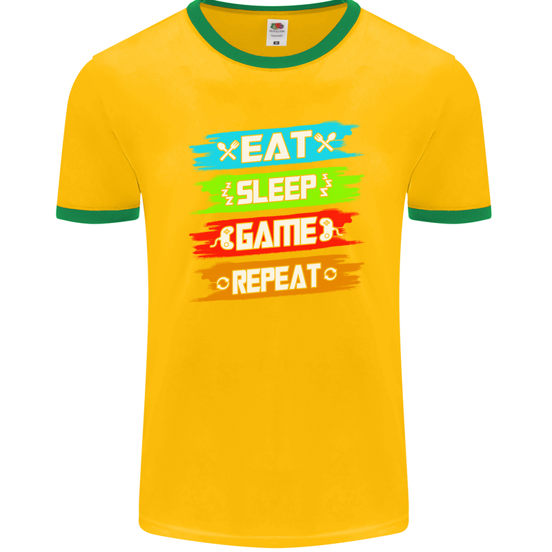 Eat Sleep Game Funny Gamer Gamming Mens Ringer T-Shirt FotL Gold/Green