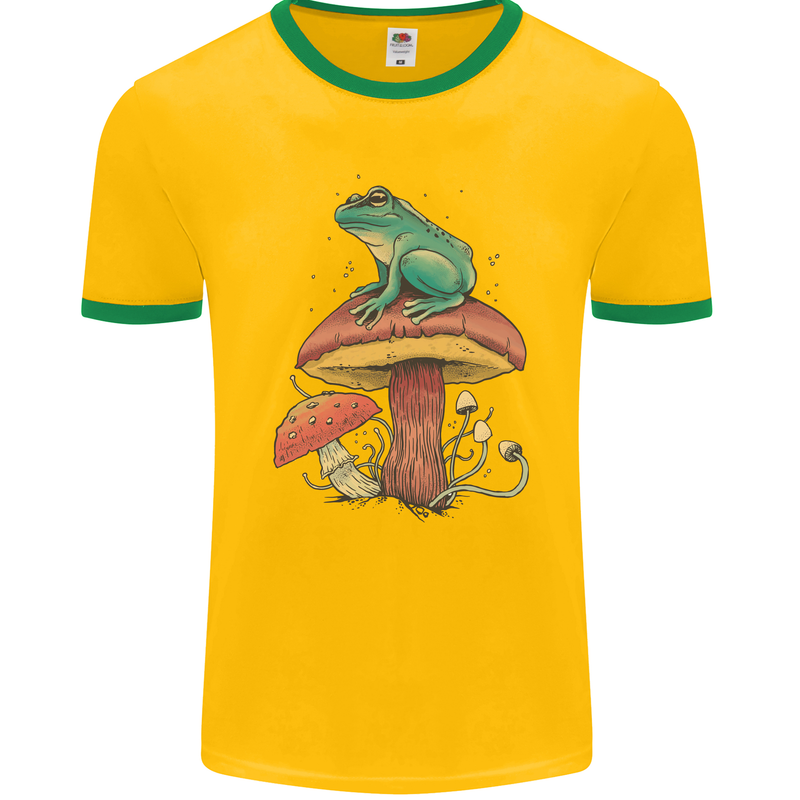 A Frog Sitting on a Mushroom Mens Ringer T-Shirt FotL Gold/Green