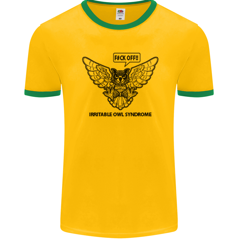 Irritable Owl Syndrome Bowel IBS Funny Mens Ringer T-Shirt FotL Gold/Green
