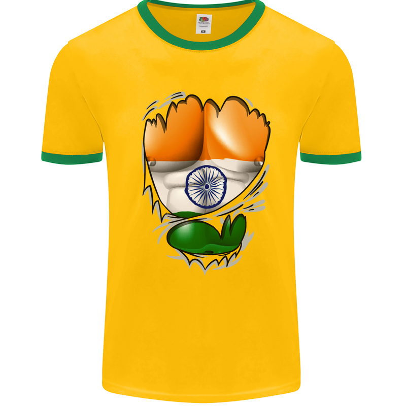 Gym The Indian Flag Ripped Muscles India Mens White Ringer T-Shirt Gold/Green