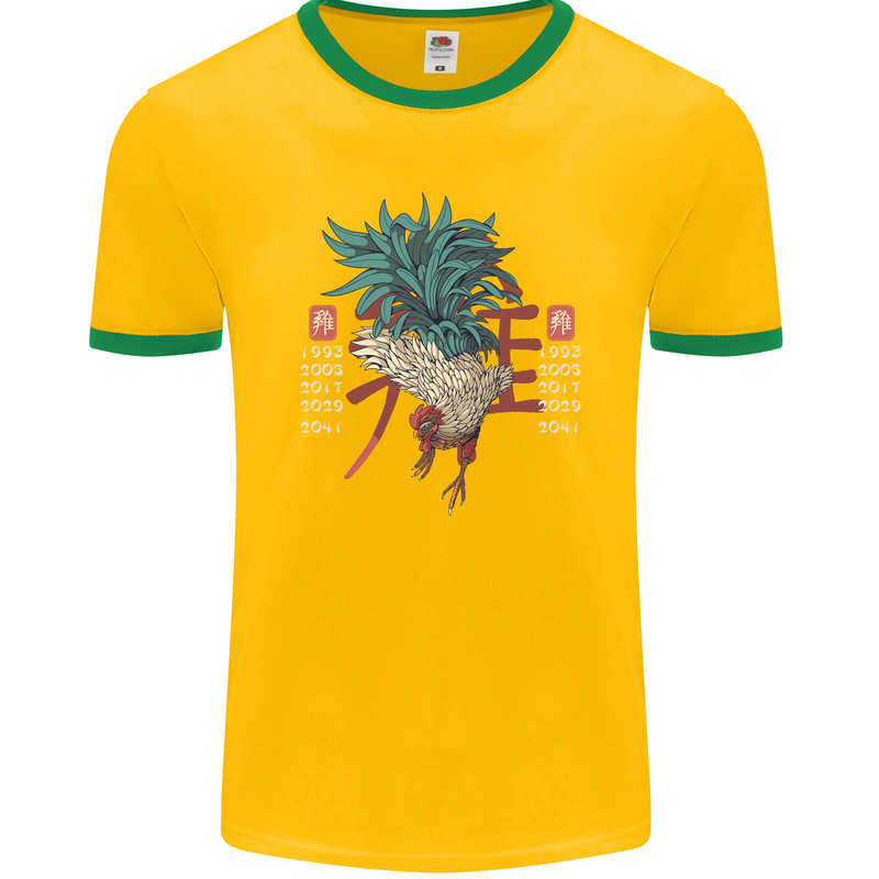 Chinese Zodiac Year of the Rooster Mens Ringer T-Shirt FotL Gold/Green