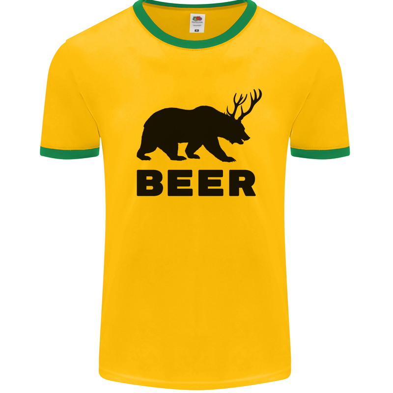 Beer Bear Funny Animal Alcohol Mens White Ringer T-Shirt Gold/Green