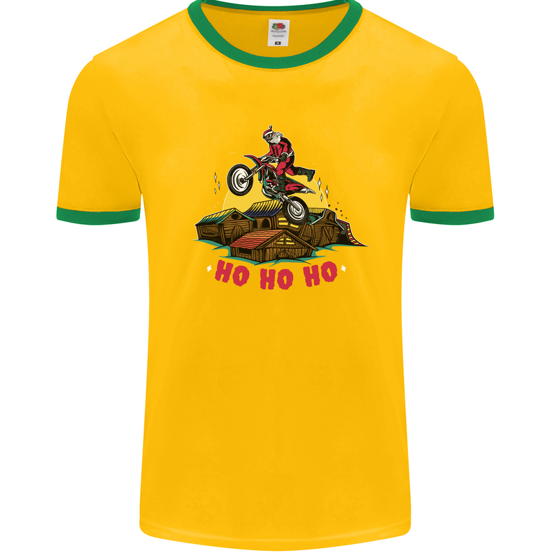 Christmas Santa Motocross Dirt Bike Mens White Ringer T-Shirt Gold/Green