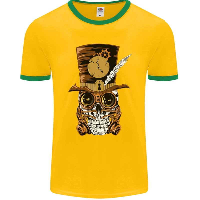 Steampunk Skull Mens Ringer T-Shirt FotL Gold/Green