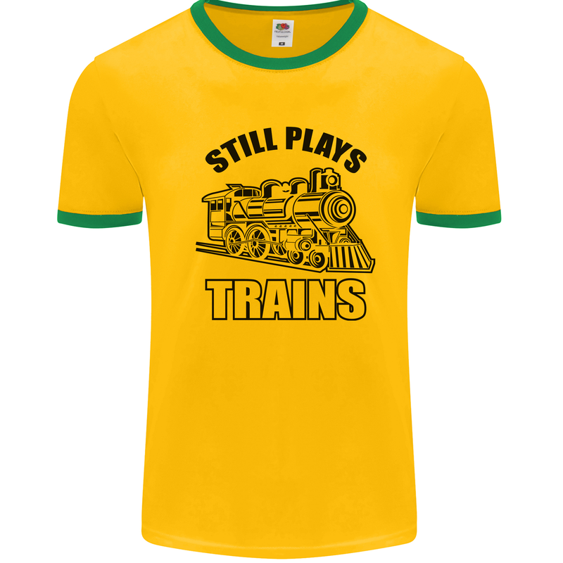 Still Plays With Trains Spotter Spotting Mens White Ringer T-Shirt Gold/Green