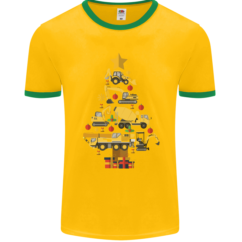 Construction Christmas Tree Digger Lorry Crane Mens Ringer T-Shirt FotL Gold/Green