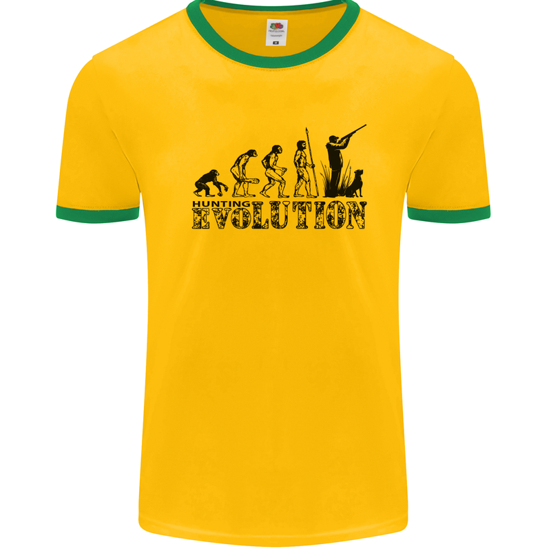 Evolution of a Hunter Funny Hunting Hunt Mens White Ringer T-Shirt Gold/Green