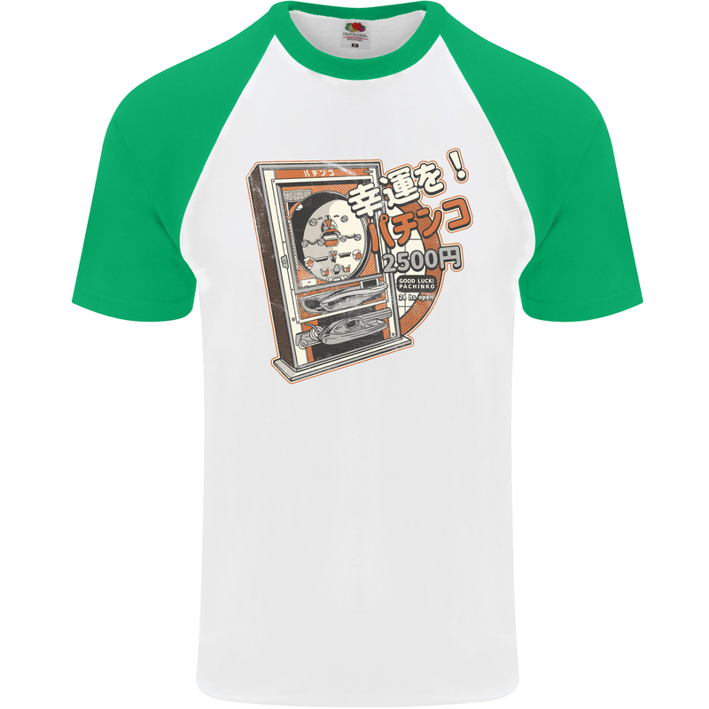 Pachinko Machine Arcade Game Pinball Mens S/S Baseball T-Shirt White/Green