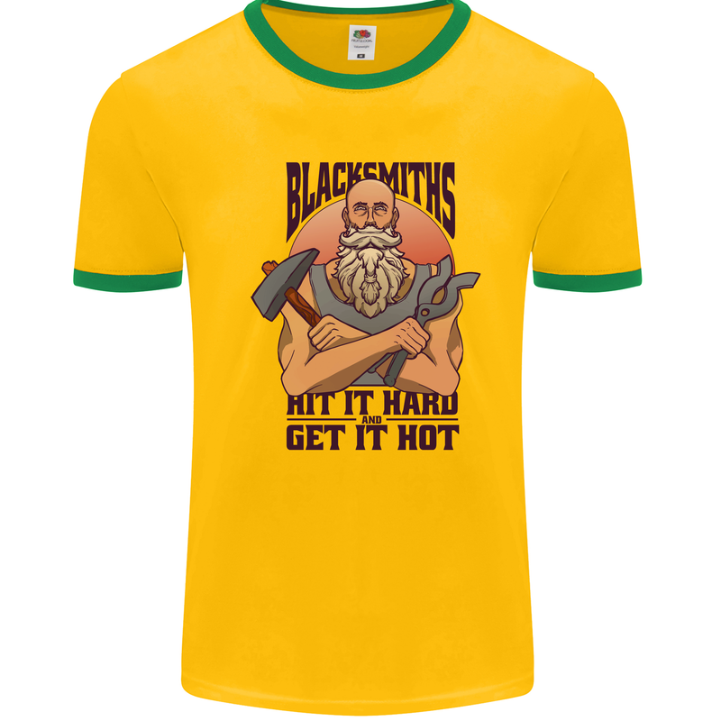 Blacksmiths Hit it Hard and Get it Hot Mens Ringer T-Shirt Gold/Green