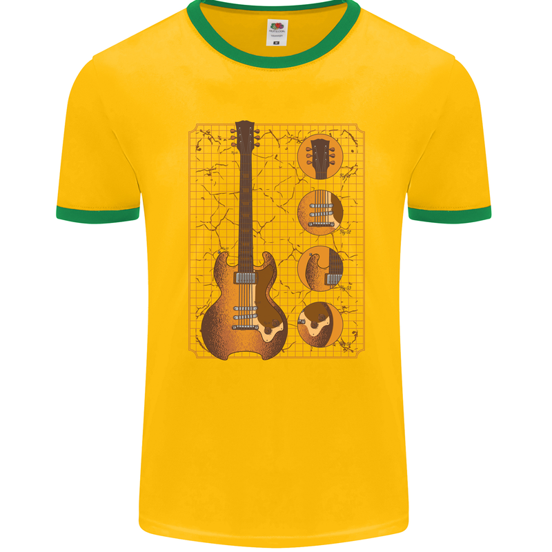 A Guitar Blueprint Music Rock n Roll Guitarist Mens Ringer T-Shirt FotL Gold/Green