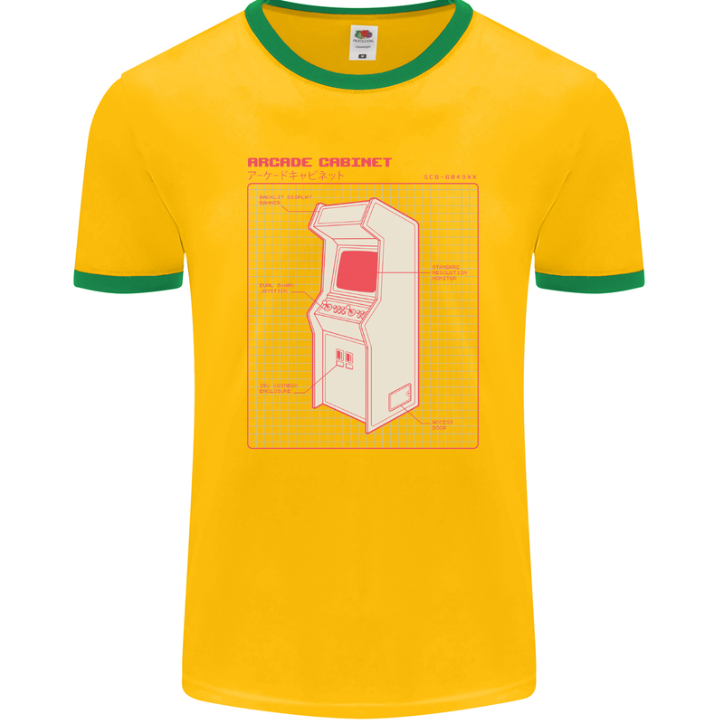 Retro Arcade Game Cabinet Gaming Gamer Mens Ringer T-Shirt FotL Gold/Green