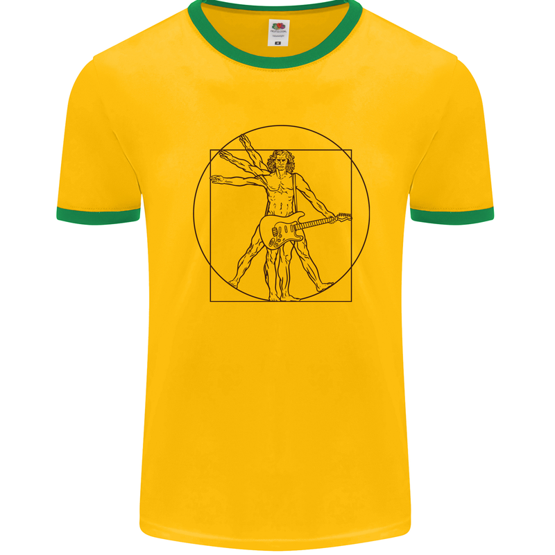 Guitar Vitruvian Man Guitarist Mens White Ringer T-Shirt Gold/Green