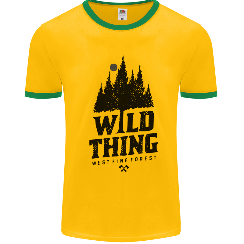 Hiking Wild Thing Camping Rambling Outdoors Mens White Ringer T-Shirt Gold/Green