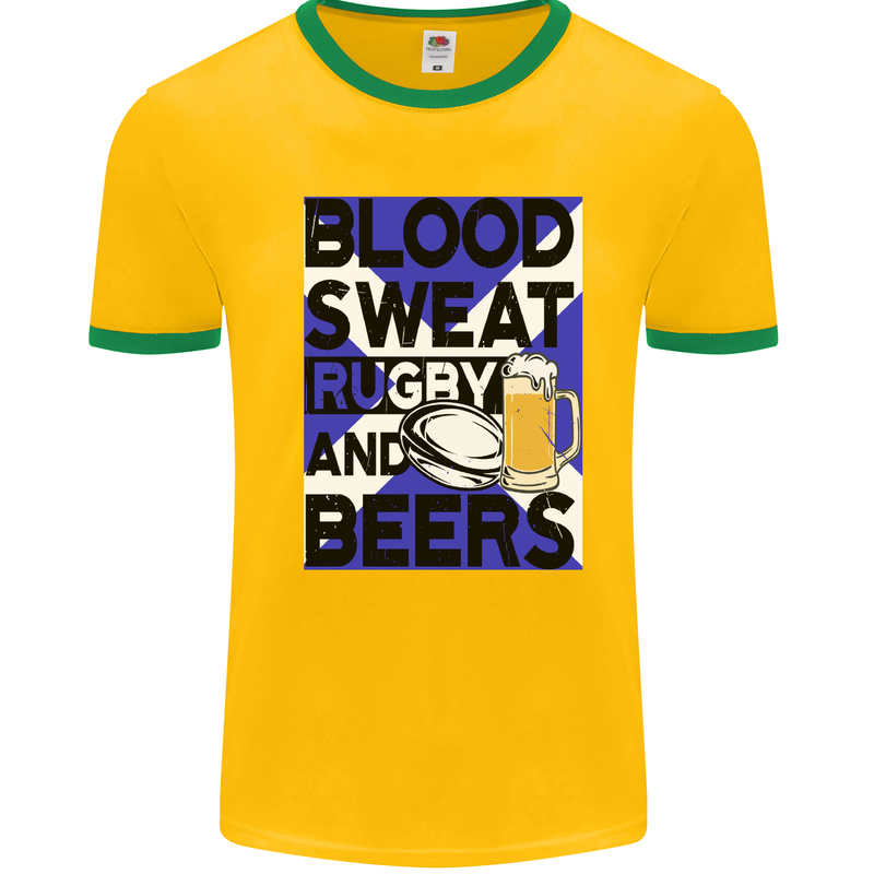 Blood Sweat Rugby and Beers Scotland Funny Mens White Ringer T-Shirt Gold/Green