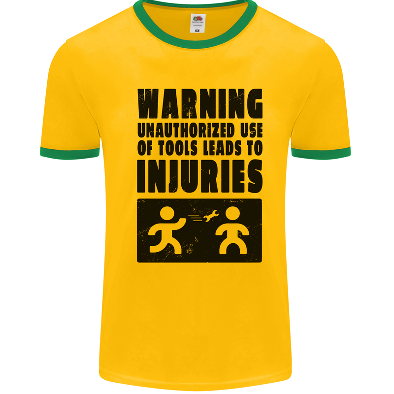 Warning Tools DIY Tradesman Carpenter Mens White Ringer T-Shirt Gold/Green