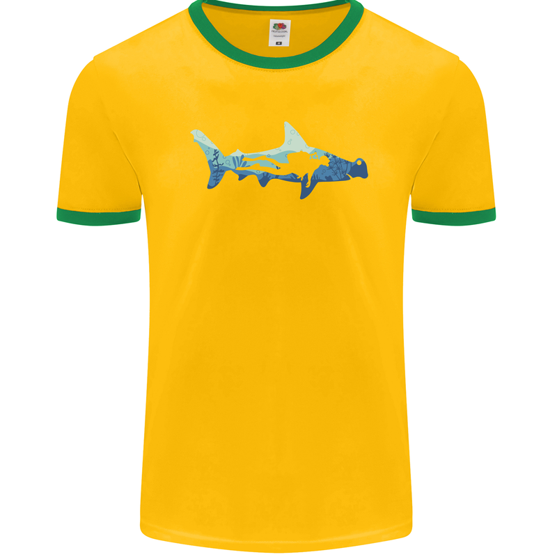 Hammerhead Shark Scuba Diver Diving Mens Ringer T-Shirt FotL Gold/Green