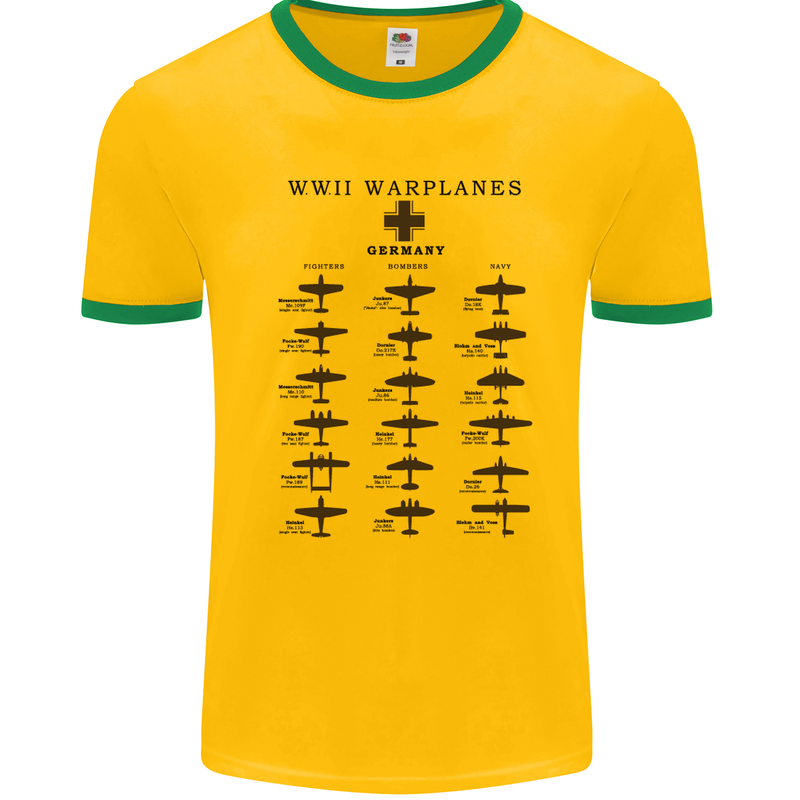 German War Planes WWII Fighters Aircraft Mens White Ringer T-Shirt Gold/Green