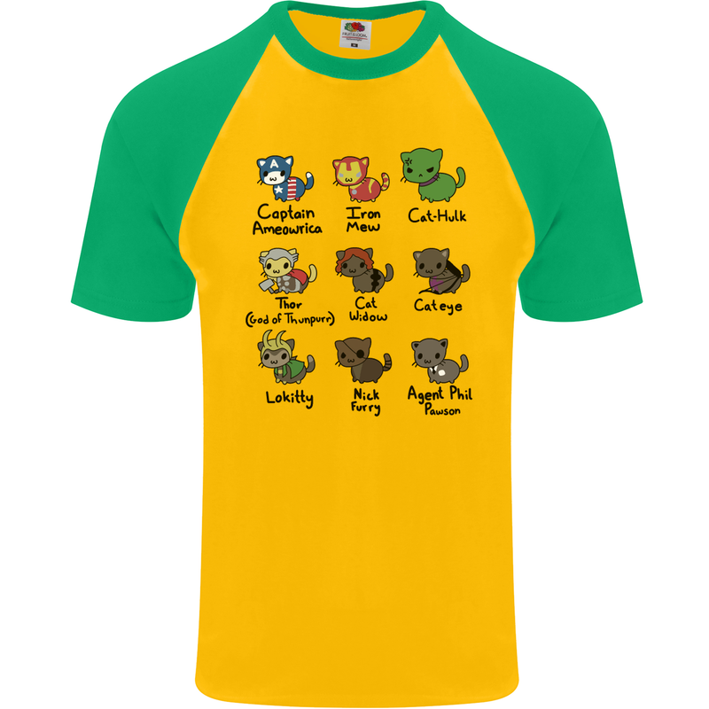 Funny Cat Superheroes Mens S/S Baseball T-Shirt Gold/Green