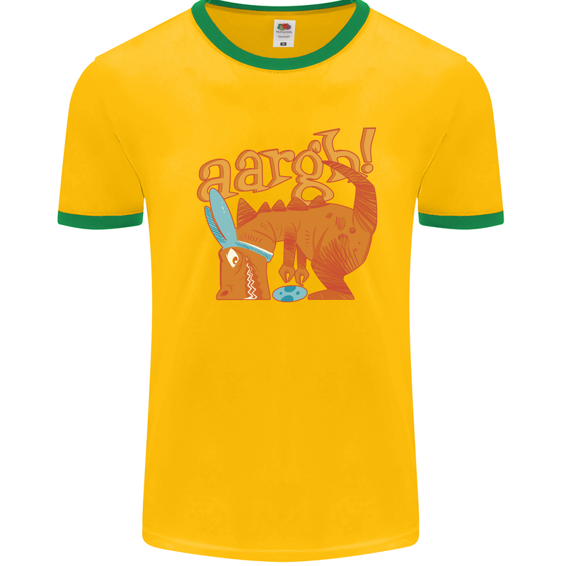 Easter Egg T-Rex as a Bunny Dinosaur Funny Mens White Ringer T-Shirt Gold/Green