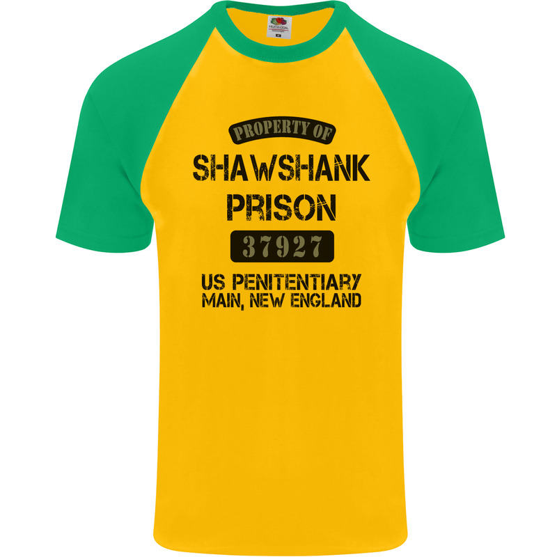 Property of Shawshank Prison Movie 90's Mens S/S Baseball T-Shirt Gold/Green